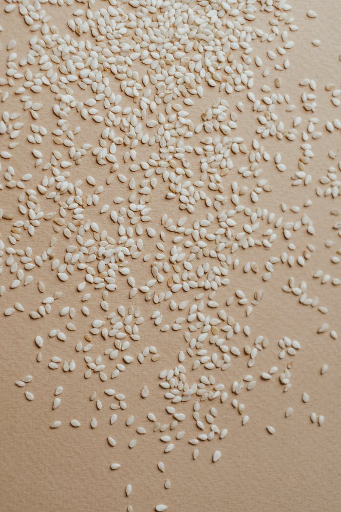 A close-up view of organic raw sesame seeds scattered on a surface, ideal for nutrition concepts.